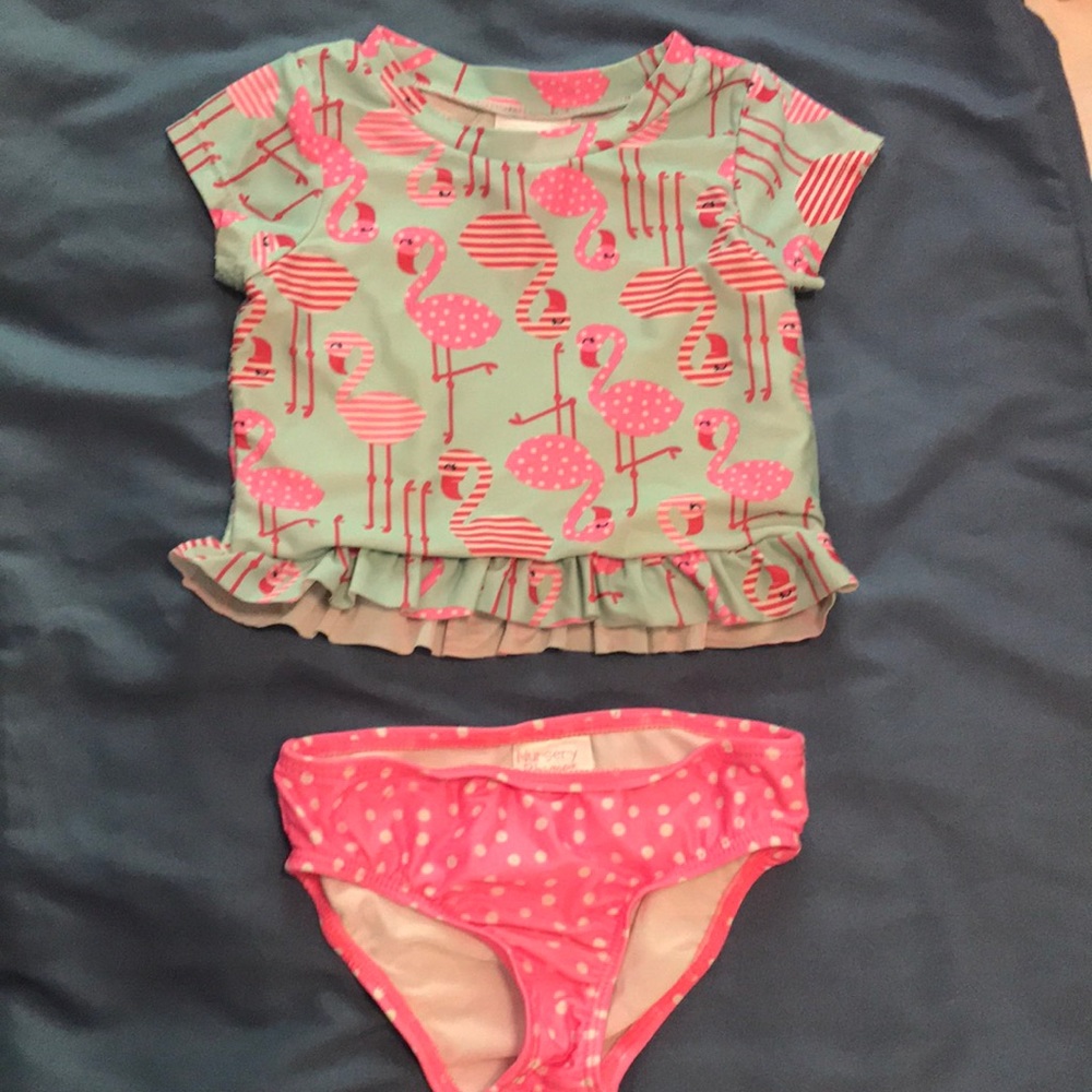 Flamingo two piece swim suit. 12 month size.